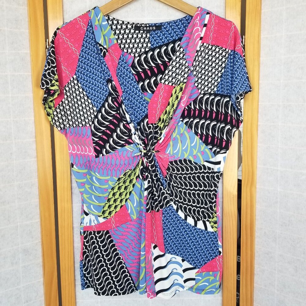 Y2K Top Print Patchwork Twist Front Shirt Chaus Stretch Knit Colorful